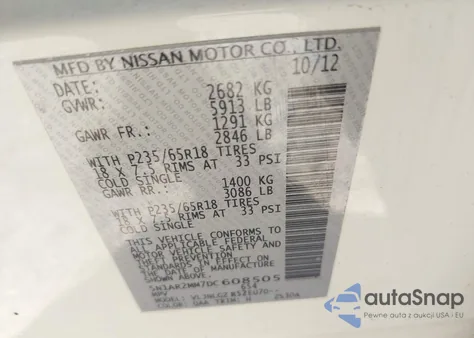 2013 Nissan Pathfinder Sl z USA, uszkodzony, nr VIN 5N1AR2MM7DC608505